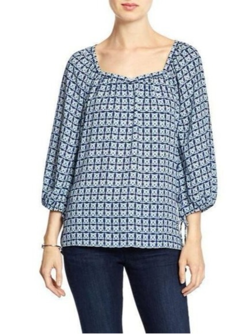 Banana Republic Blue Geometric Square-Neck Blouse
